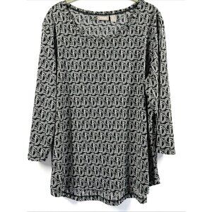 Chicos Women's Top Blouse Size XL Black White 3/4 Sleeve Pullover Wrinkle Free